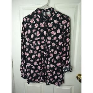 Divided Black Pink Rose Collared Button Roll Tab Sleeve Blouse. Size 6